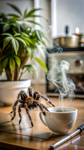 tarantula spider in the kitchen drinking tea and smoking marijuana with cannabis growing around