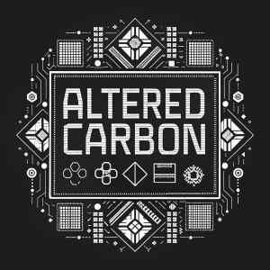 Pixel art concept inspired by 'Altered Carbon'. Black and white color scheme. Bold, pixelated text in the center, surrounded by intricate digital graphics.