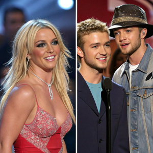 Collage of Britney Spears and Justin Timberlake during their music award appearances. Close-up shots of their fashion choices and interactions.