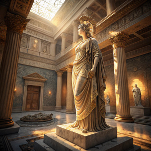 In the heart of Ephesus, Selçuk, Turkey, the statue of Ennoia, the goddess of wisdom, stands tall within a majestic temple. Bathed in golden light, her intricate features are meticulously carved from luminous stone. The temple's walls are adorned with intricate patterns, and the pillars cast long shadows across the marble floor.