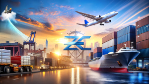 Incorporate imagery of cargo ships and airplanes to represent Ezoc Logistic Company's international transport capabilities in a modern font.










