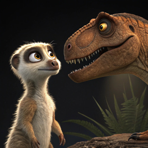 Digital illustration from 'Ice Age: Dawn of the Dinosaurs'. Features a light-skinned lemur-like character and a brown dinosaur-like creature with a broad head. Dark background highlights the characters. Style: 3D animated film.