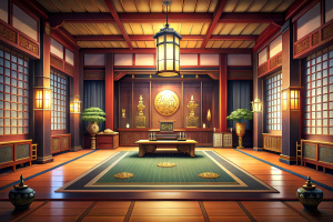 A chinese chest room background,japan style,tatami floor,more realistic