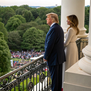 Donald Trump and Melania Trump on the balcony overlooking the bustling crowd. Ornate railings, lush greenery in the background.