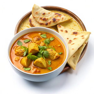 Photo chicken curry soup with roti on white background


