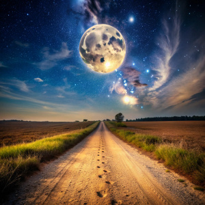 A dirt road at night both sides of the road and footprints on the dirt road and the full moon