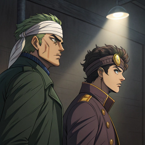 Illustration featuring Jotaro Kujo and Noriaki Kakyoin from JoJo's Bizarre Adventure. Jotaro is shown with bandages, Kakyoin standing behind him. They are in a dimly lit room with a single spotlight.