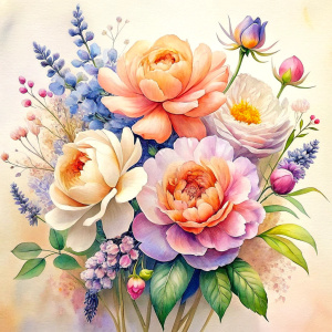 watercolor image ,Pink white Peonies Snowdrops, lobelia, clematis,salvia , carnation, Common Crape Myrtle., Ranunculus viburnum, wax flower, dandelion, geranium , watercolor , watercolor