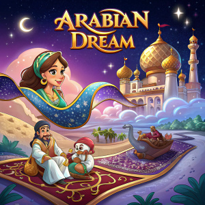Illustration for 'Arabian Dream' slot game. Vibrant color scheme with purple, blue, and gold. Stylized cartoon characters in richly detailed background. Magical, dream-like atmosphere. Title prominently displayed with characters positioned to highlight game's theme.