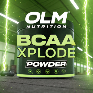 Olm Nutrition's BCAA Xplode Powder ad. Vibrant design on neon green background. Highlighting muscle growth and strength enhancement with powerful ingredients.