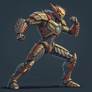 A vibrant digital illustration of Dinobot Strafe. Futuristic robot design. Detailed metal textures. Dynamic fighting stance. Dark grey background