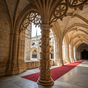 Ornate stone archway at the Jeronimos Monastery. Manueline architectural style. Focus on tree-like central pillar. Red carpet event
