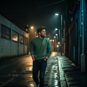 Niall Horan, with a beard, walking down a deserted alley at night. He is wearing a green sweater and dark jeans. The scene is set in a rainy, dimly lit cityscape with flickering streetlights.