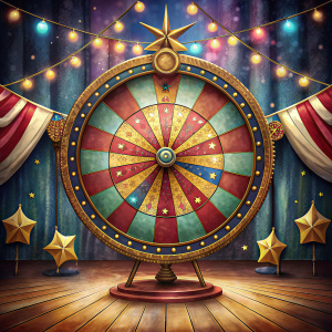 a fancy stand with a wheel of fortune in a circus