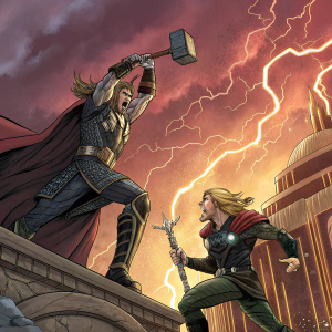 Dramatic comic cover for 'The Mighty Thor'. Thor wielding Mjolnir, battling Loki in mid-air over Asgard. Characters' facial expressions intense. Background: fiery sky with golden Asgardian architecture. Comic book style