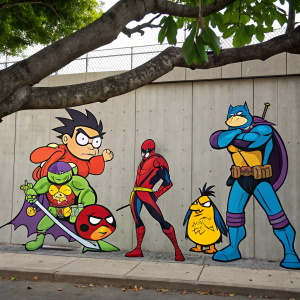 A vivid poster featuring TMNT, Angry Birds, and Robin from Teen Titans, set against a concrete wall with a tree branch in the foreground. Characters are in bold colors and dynamic poses, year 2012.