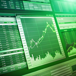  Stock investments, equity, price chart, investment portfolio. green background