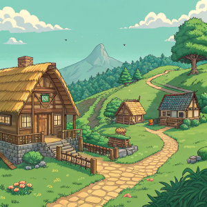 A serene village in a vibrant, pixel-art landscape from 'The Legend of Zelda: Breath of the Wild'. Wooden cottages with thatched roofs, winding paths through lush, green hills, and a charming, rustic atmosphere.