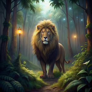 stupid lion, wide shot,forest backround