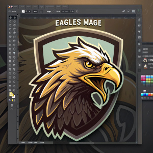 Mascot logo for Eagles Mage, featuring a fierce, golden eagle creature. Design displayed in a sleek software interface with multiple customizable tools and options.