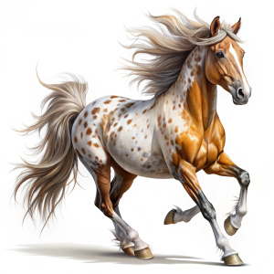 CABALLO APALOSA AL GALOPE HIPER DETALLADO, COLOR CAFE Y BLAMCO CON LA CRIN MUY LARGA SIN FONDO