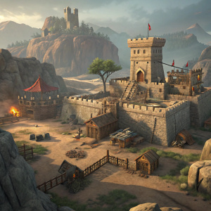 Digital 3D concept art for the video game Runescape: Archaeology, depicting a detailed and immersive scene. Set in a rugged, rocky terrain with a fortified castle and various structures indicative of a fantasy-themed world. Earthy color palette and dramatic lighting enhance the textures and cast shadows.