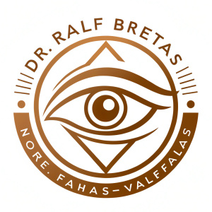 Dr. Ralf Bretas, modern professional logo design. Stylized eye in center, within circular border. Brown color palette