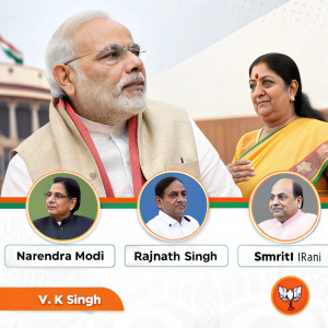 Infographic showcasing Narendra Modi, Rajnath Singh, Smriti Irani, and V K Singh as candidates for Varanasi election. Modi's serious expression stands out.