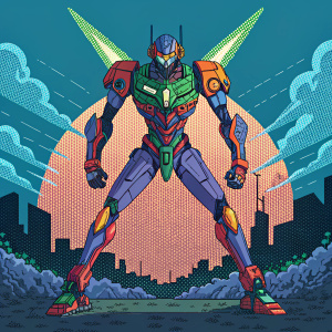 A pixel art depiction of Neon Genesis Evangelion's iconic mecha. Mosaic style background with a blue, green, red, and orange color scheme. The mecha is in mid-action, with intricate details highlighting its form and dynamic lighting.