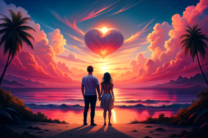 Let's have a t-shirt print for Valentine's Day with a picture of a couple hugging each other and a sun about to set in the background.