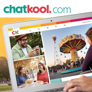 Homepage screenshot of Chatkool.com. Vibrant colors and logo prominent. Interactive carousel featuring multiple images and text.