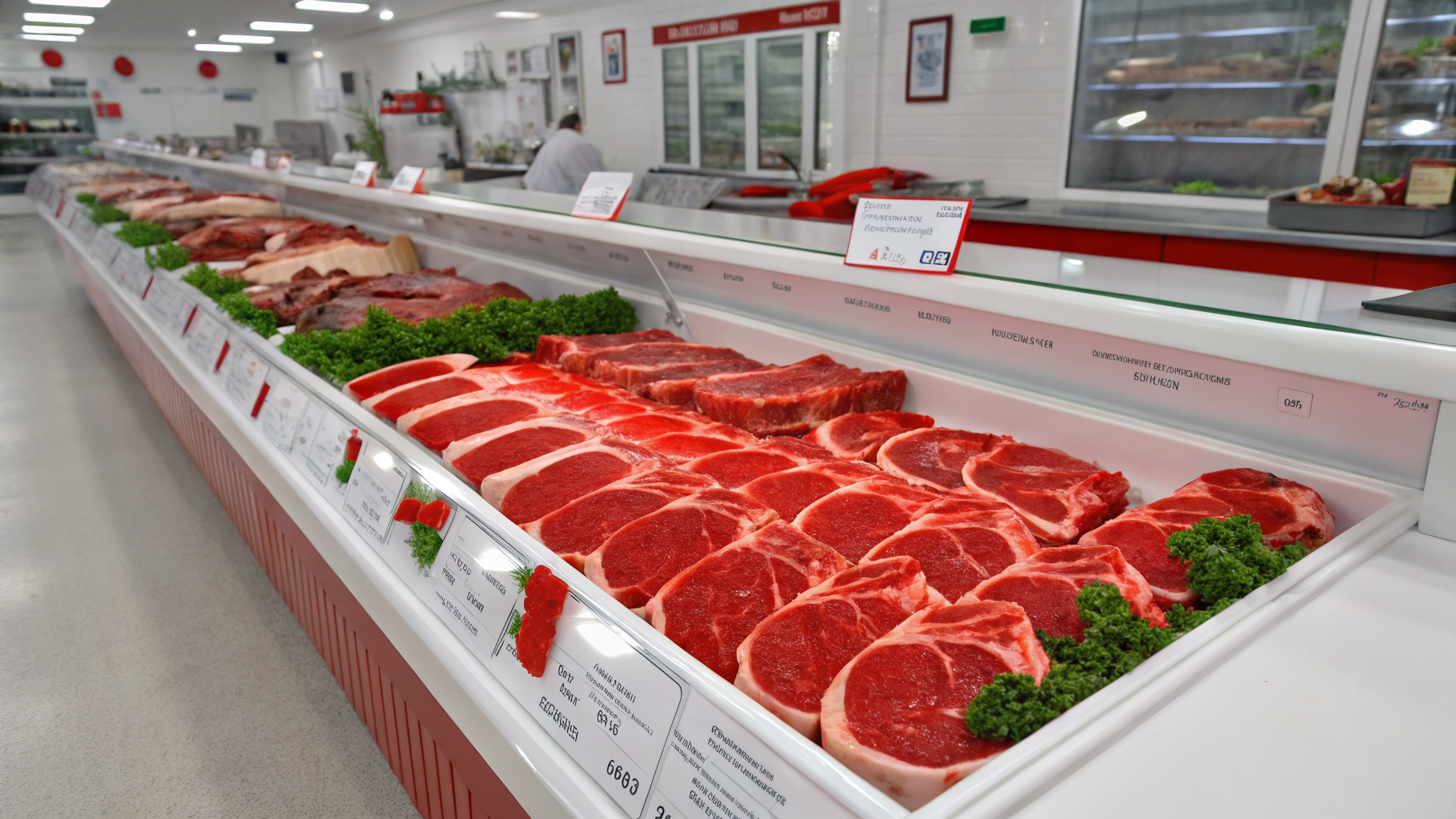 Halal certified lamb cuts displayed on a butcher's counter in North London