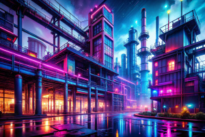 glitched cyberpunk factory in neon night