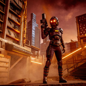 Natalia Morales, cyberpunk police agent, standing in neon-lit cityscape. Futuristic technology and urban decay blend in background.