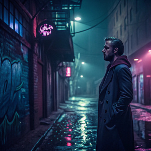 Ryan Gosling standing in a mysterious alleyway, illuminated by neon lights. Dark and moody atmosphere, urban setting with graffiti walls and a wet cobblestone street.