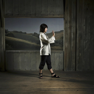 Character from Naruto: Shippuden, Hinata Hyuga, in traditional outfit, performing gentle fist technique, serene landscape background.