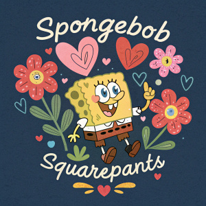 SpongeBob SquarePants cartoon character surrounded by vibrant, heart-shaped flowers. Dark blue background with playful, cartoonish text.