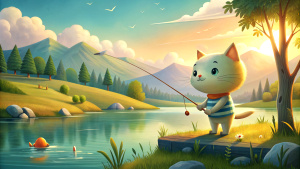 Cartoon cat with spinning fishing on the lake shore in summer