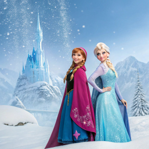 Promotional image for Disney's 'Frozen'. Elsa and Anna in wintry landscape, animated with vibrant colors and detailed design.