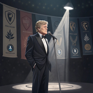 Robert Redford, distinguished gentleman with silver hair, speaks into microphone at award ceremony. Dark stage, spotlight, banners with sponsor logos.