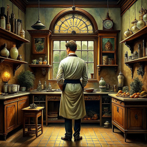 victorian luxury kitchen man with his back turned