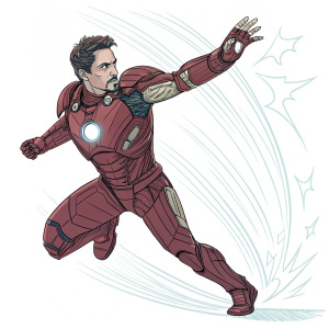 Digital artwork featuring Tony Stark in a dynamic action pose. Sketch style with bold outlines and minimal background details.