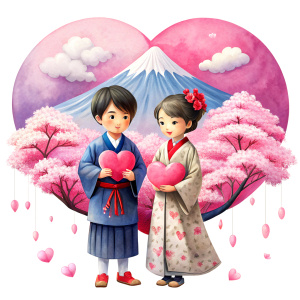 valentine,pink,liberty hold heart,white background,couple kids,kimono,fujisan