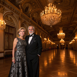 Carl and Gail Icahn, in formal attire, at a high-profile charity gala. Richly decorated hall with chandeliers.