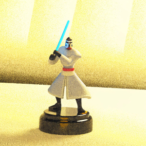 3D render of Samurai Jack figurine, in dynamic combat stance, sword unsheathed. Placed on glossy black base with sculpted earth tones.