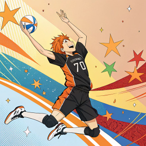 Hinata Shoyo from Haikyuu!, depicted in a high-jump pose. Wearing his signature black and orange jersey with number 70. Brightly colored, stylized background.