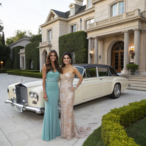 Roselyn Sanchez and Eva Longoria, both actresses, outside a glamorous mansion. A vintage Rolls-Royce parked nearby. They are beaming smiles.