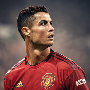 Close-up portrait of Cristiano Ronaldo, Manchester United jersey, blurred stadium background.