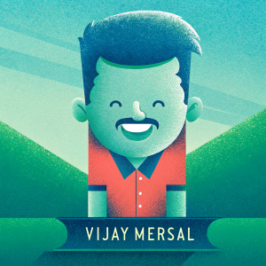 Cartoon illustration of Vijay Mersal. Happy expression, short hair, and mustache. Red shirt with visible pocket. Name Vijay Mersal is written below.