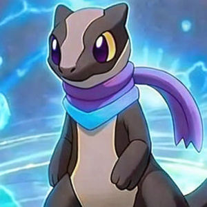 Draw me a Pokemon with a black meerkat-like body, a dark purple scarf, and a purple aura with an earbud in its ear.